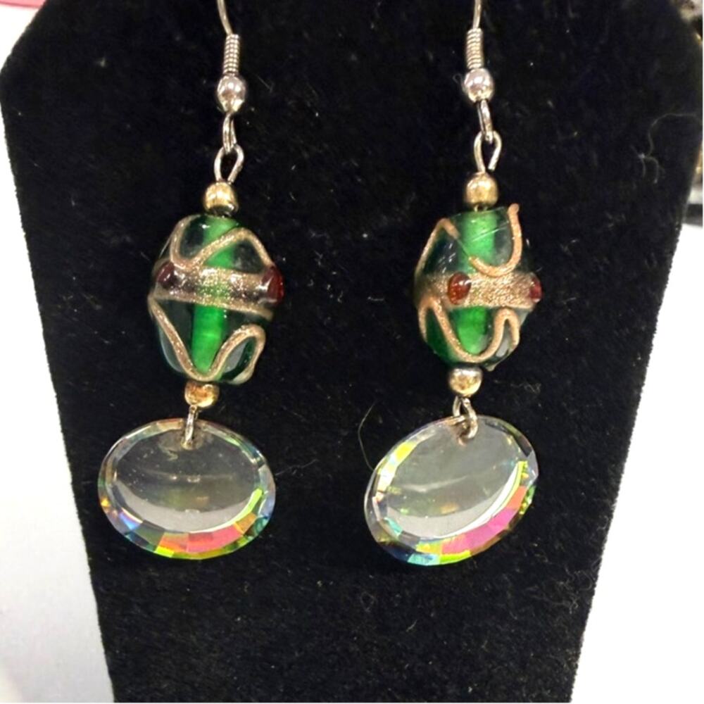 Green Lampwork Glass Bead Earrings Crystal Drops Artisan Dangle Gold Tone